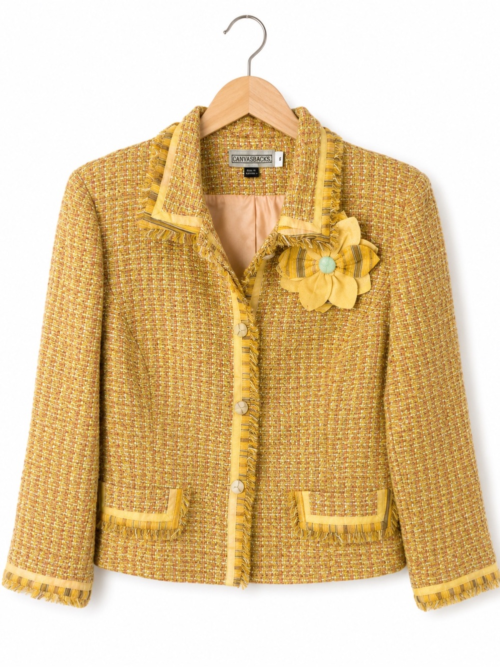Canvasbacks Yellow Tweed Blazer Floral Brooch Fringe Jacket Vintage Size 6